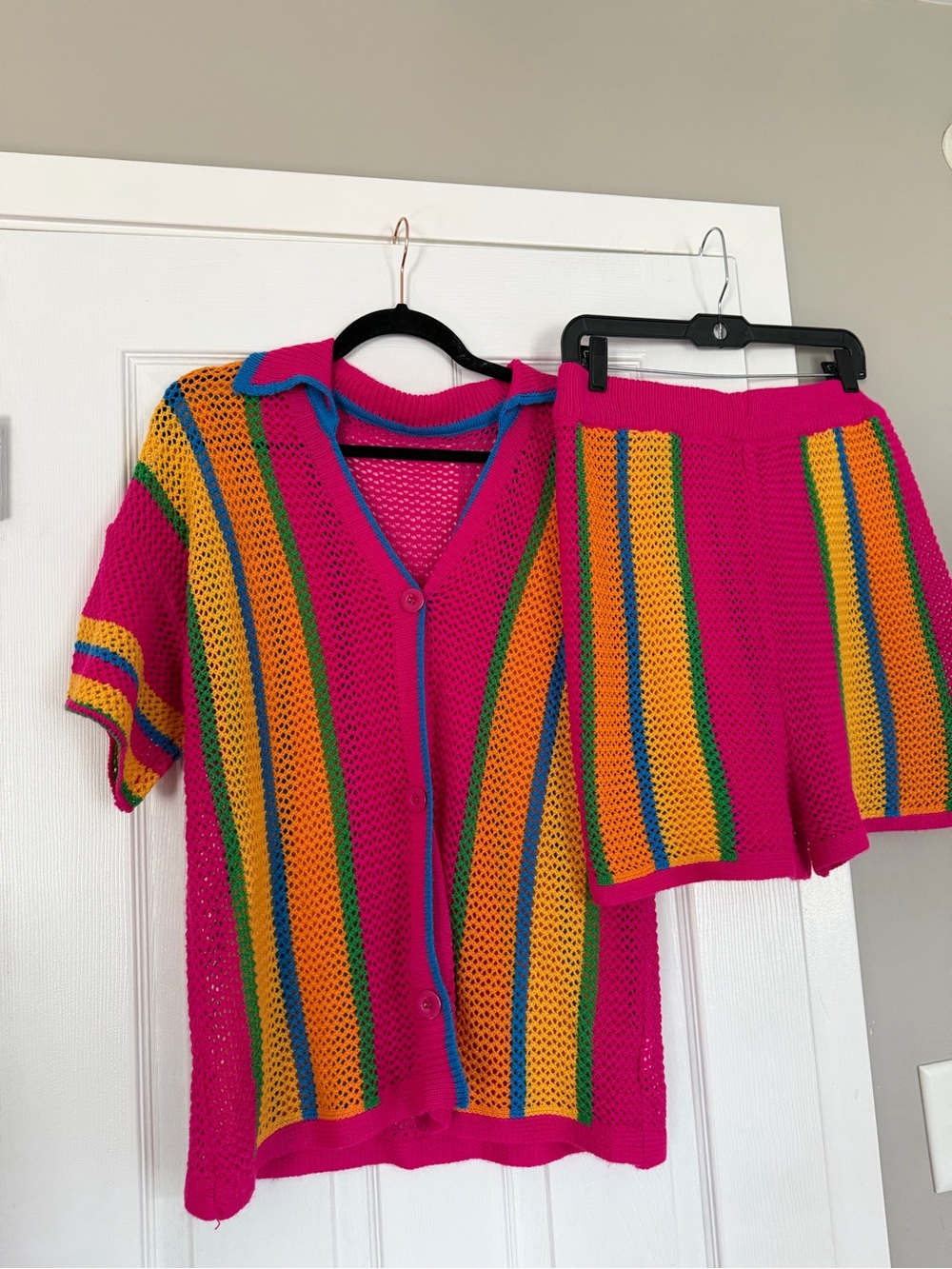 Beach Coverup Multicolor Knit Crochet Top and Shorts Knit Set